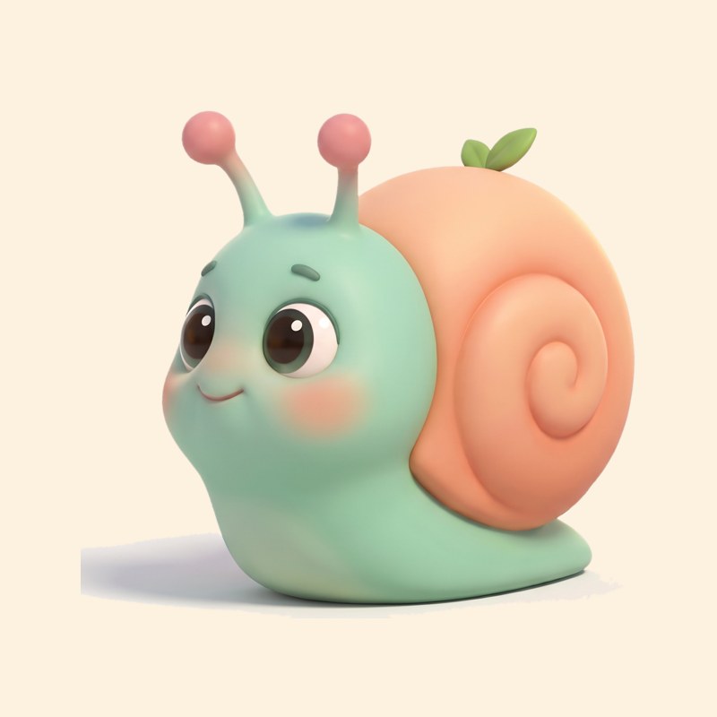 Nilo, a mint-green snail with a peach shell and a little two-leaf sprout