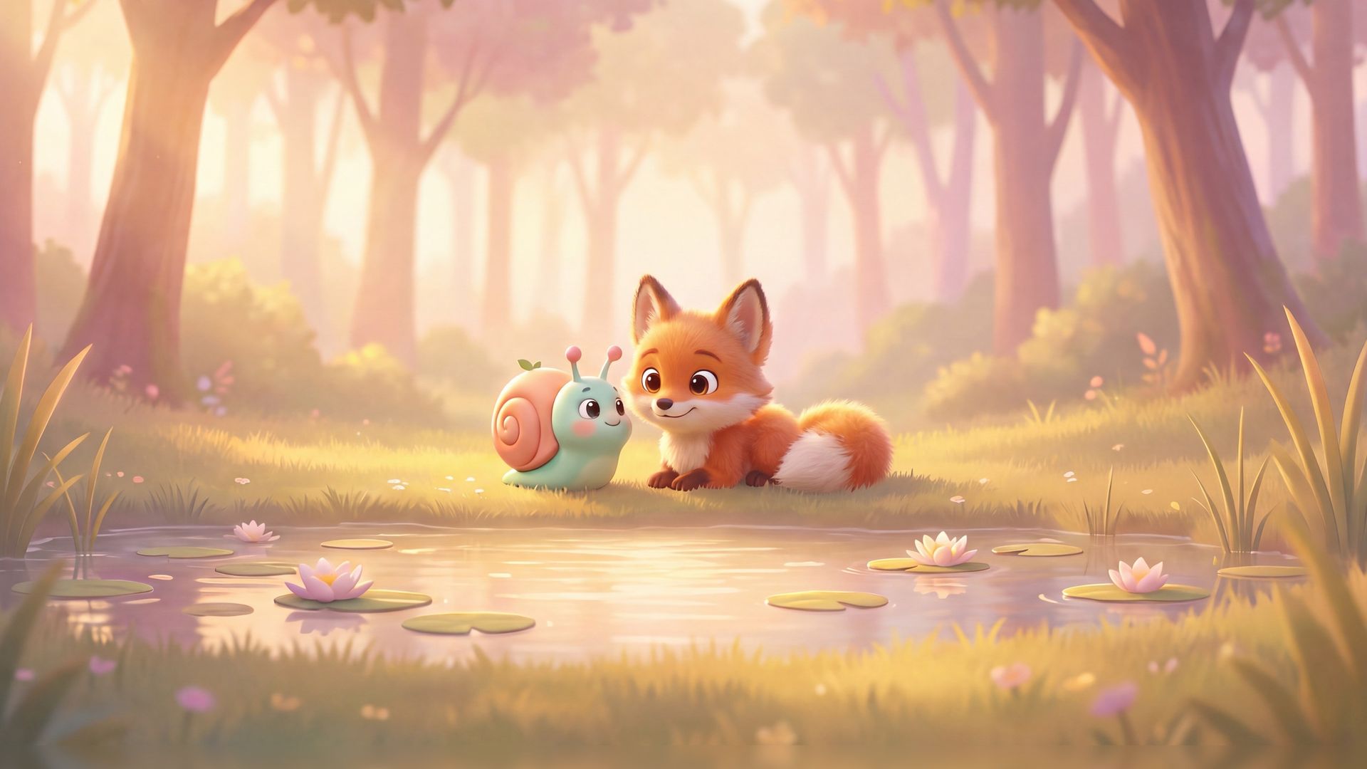 Nilo the snail and Mila the fox kit sitting together by a forest pond with pink water lilies